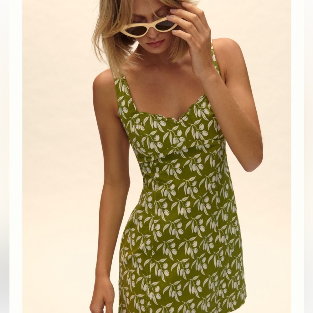 Anthropologie Summer Mini Dress | Maeve The Cleo Bombshell Dress in Olive Print